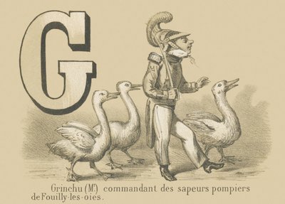 G: Grinchu (Mr) a Fouilly-les-Oies tűzoltóság parancsnoka alkotó: French School