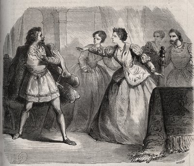 Gabrielle de Vergy vitatja vőlegényét, Eudes de Fayelt, aki féltékeny az unokatestvérével, Albert de Nozereau-val ápolt barátságra. Egy 12. századi legenda jelenete. Metszet 1871-ből Henry de Kock (1819-1892) „Histoire Des Cocus Celebres” c. alkotó: French School