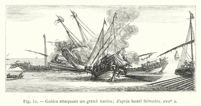 Gálya megtámad egy nagy hajót; Izrael Silvestre után, 17. század (metszet) alkotó: French School