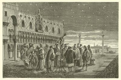 Galileo megmutatja a Jupiter műholdait a velencei szenátoroknak (metszet) alkotó: French School