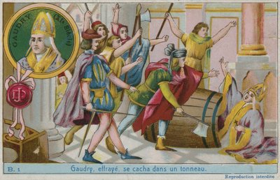 Gaudry ijedten, egy hordóba bújva alkotó: French School