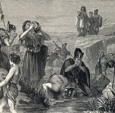 Gedeon (Gideon) Istentől hívja, hogy győzzék le a madianitákat, azok közül választja ki katonáit, akik isznak, miközben vizet hordanak a szájukhoz (Gideon vagy Gedeon úgy választja katonáit, hogy csak azokat tartsák meg, akik a vizet a szájukhoz emelték, é alkotó: French School