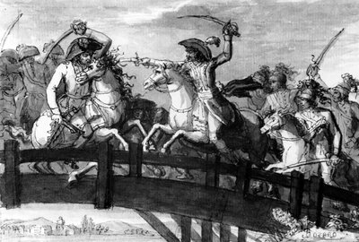 Alexandre Dumas tábornok, a tiroli Horatius Cocles. három osztrák ellenfél egymaga megölése a Clausen hídon 1797-ben, 1797 körül (guache) alkotó: French School