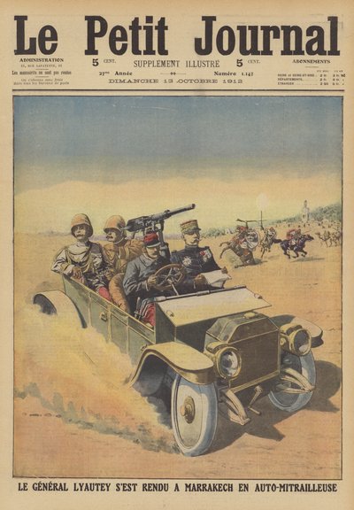 Hubert Lyautey tábornok, francia marokkói tábornok, páncélozott autóval (színes litho) látogat Marrakechbe alkotó: French School