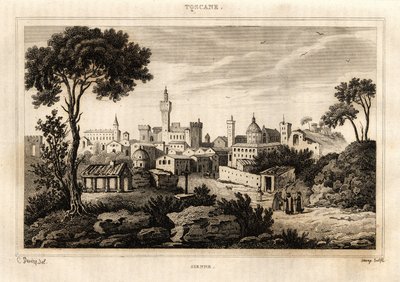 A toszkánai Siena (Siena) általános képe, C. Deveze metszet: „Olaszország festői””, Amable Coste szerkesztő alkotó: French School