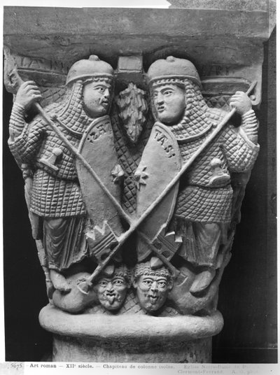 Nagylelkűség és Jótékonyság két bűnt átütő, a gonoszok harcát az erények ellen ábrázoló tőkéje a clermont-ferrandi Notre-Dame-du-Port templomból (kőből öntött gipsz) (s alkotó: French School