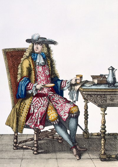 Gentlemans Eaborate Outfit, 1760 88:Egy úriember kidolgozott hímzett mellény, kabát és sapka; 99:férfi; népviselet; tradicionális öltözet; divat; c18th; ülő; asztal; lapon alkotó: French School
