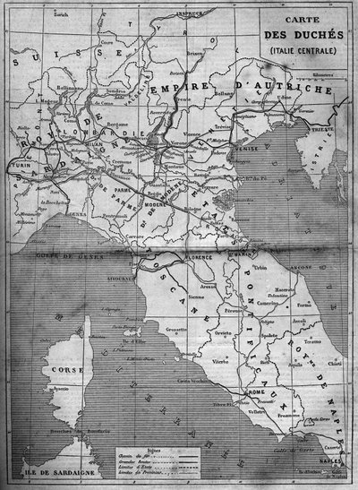 Közép-Olaszország hercegnőjének földrajzi térképe 1860-ban. Metszet a „” Le Monde Illustré”” 143. számában, 1860. január 7.. alkotó: French School
