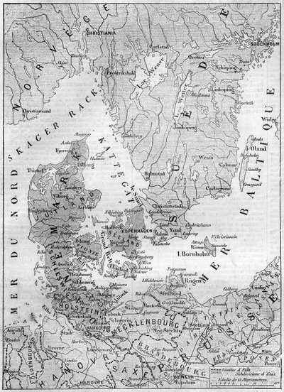 Dánia földrajzi térképe 1861-ben, Schleswig, Holstein és Lauenburg hercegnőjével. Metszet a „” Le Monde Illustré”” 200. számában, 1861. február 9.. alkotó: French School