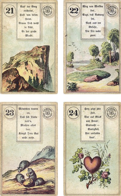 A Lenormand francia kartondoboz német kiadása: A hegy, az út, az egerek, a szív, kiadó: Dondorf, Frankfurt, 19. század alkotó: French School
