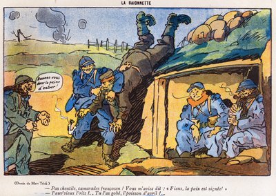 Egy trükk eredményeként francia katonák fogságába esett német katona, rajzfilm a La Baionette magazin április 1-i (Poisson dAvril) kiadásából, 1917. március 29. alkotó: French School