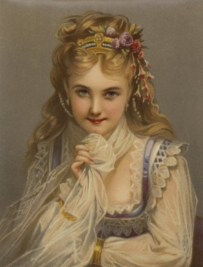 Lány szőke hajjal, ékszerekkel, virágokkal és szemérmes mosollyal (chromolitho) alkotó: French School