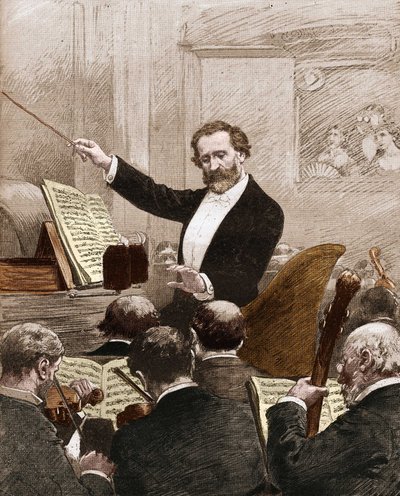 Giuseppe Verdi vezette az operazenekart az „Aida” első párizsi bemutatására 1880-ban. alkotó: French School