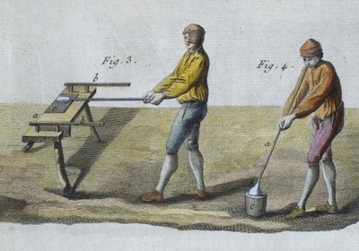 Üvegfúvás, részlet, illusztráció Denis Diderot (1713-84) Encyclopedie des Sciences et Metiers-ből, Robert Benard (fl.1734) metszete, 1770 körül megjelent (színes metszet) (lásd még: 326118) alkotó: French School