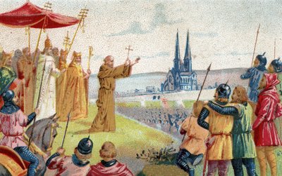 Isten akarja! Remete Péter a keresztes hadjáratot prédikálja (1095 - 1099) A 19. század végének kromolitográfiája. alkotó: French School