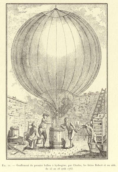 Az első hidrogénballon felfújása, Charles, a Robert fivérek és egy asszisztens, 1783. augusztus 23. és 26. között (metszet) alkotó: French School
