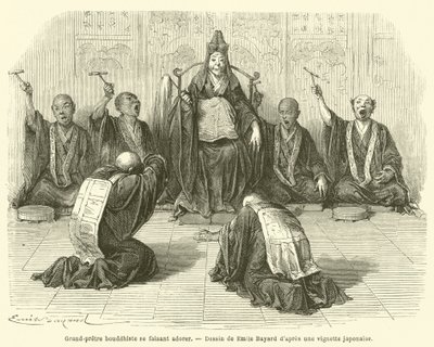 Buddhista főpapot imádják (metszet) alkotó: French School