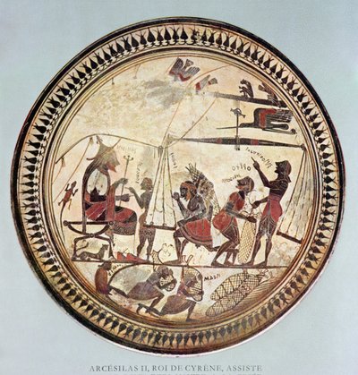 Görög csésze II. Arcesilászról, Ciréne királyáról (i. e. 560-550), amint a szilfium lemérését és betöltését nézi, egy Kr.e. 6. századi eredeti másolata alkotó: French School