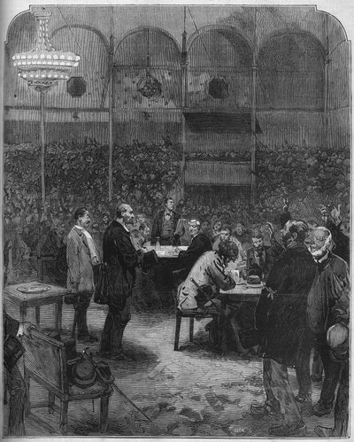 Greve des cochers de charres de Paris 1878-ban: küldöttek megválasztása a Petites Cars (Petite-Cars) társaságába a Fernando cirkuszban. Metszet az 1878. augusztus 17-i „” Le Monde Illustré”” 1116. sz. alkotó: French School