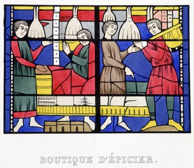 Élelmiszerbolt. Egy középkori ólomüveg fakszimile a „Histoire de la peinture sur verre”-ben, Ferdinand de Lasteyrie alkotó: French School