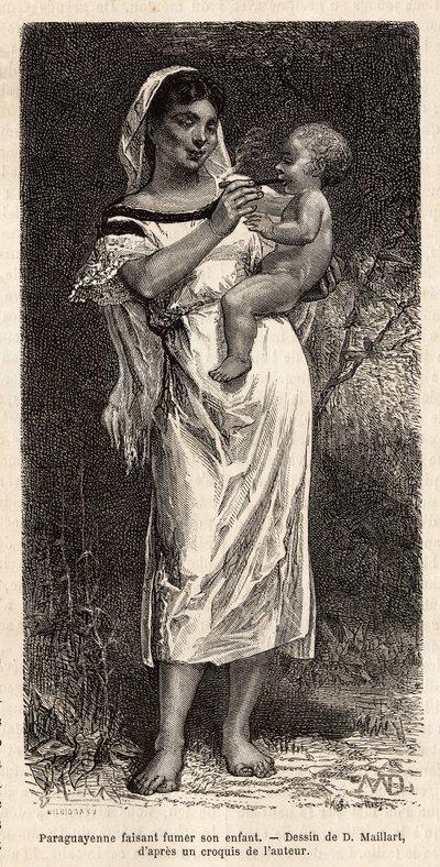 Guaranie nő szivaroz gyermekének, csípőjén lovagolva próbálja csillapítani sírását, D.Maillart rajza után metszett, amely az 1872-1873-as paraguayi utazást illusztrálja, L. Forgues, megjelent a „” Le tour du monde”” 1874, Edouard szerkesztette alkotó: French School