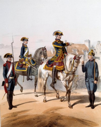 Párizs város őrei (sétáló óra, lóőr, őr, szivattyú őr). századi metszet. Párizs, Musee de la Prefecture alkotó: French School