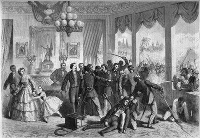 Dél-amerikai spanyol háború – Lima (Peru) – 1865. február 5.: a város lakossága által megsebesült és üldözött spanyolok a francia követségen keresnek menedéket. Metszet a "Le Monde Illustre"" 421. sz. számában, 1865. május 6-án. alkotó: French School