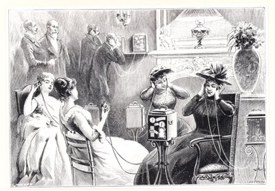 Vendégek egy párizsi szállodában, akik opera- vagy színházi előadások közvetlen közvetítését hallgatják Marinovich és Szarvas Theatrophone-ján, az 1892-ben megjelent La Nature-ből alkotó: French School