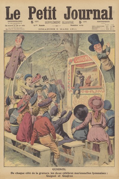 Guignol és Gnafron, híres francia bábok egy lyoni előadásból (színes litográfia) alkotó: French School