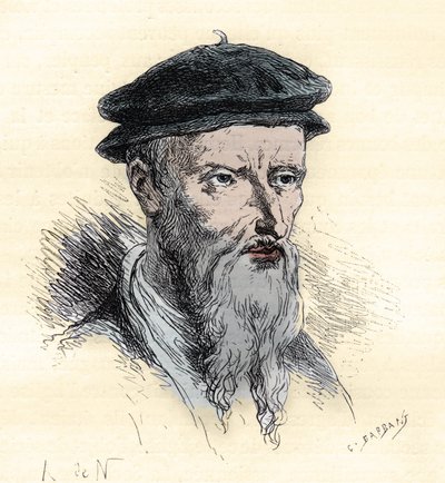 Guillaume Farel - William Farel - 1489-1565 - metszet a "" Franciaország története az unokáimnak mesélt" című könyvből" - Francois Guizot - 1872-1876 alkotó: French School