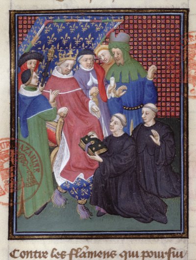 Guillaume de Nangis (1300-ban vagy 1303-ban) bemutatja könyvét Philippe IV le Belnek, az 1285-1314 közötti francia királynak (vellum) (239257 részlet) alkotó: French School
