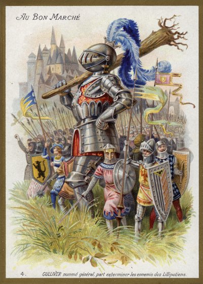 A tábornokká kinevezett Gulliver a liliputiak ellenségeinek kiirtására indul (chromolitho) alkotó: French School