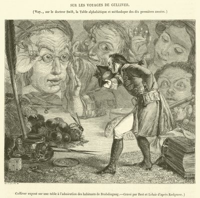 Gulliver egy asztalon kitéve Brobdingnag lakóinak csodálatának (metszet) alkotó: French School