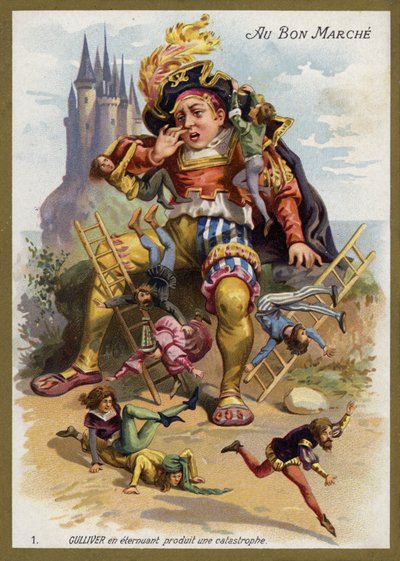 Gulliver tüsszent és katasztrófát okoz (chromolitho) alkotó: French School