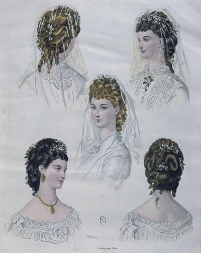 Frizurák, illusztráció a La Mode illustree-ből, 1872 (színes metszet) alkotó: French School
