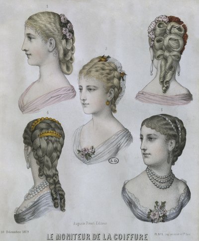 Frizurák, illusztráció a Le Moniteur de la Coiffure-ból, 1879. december 10. (színes metszet) alkotó: French School