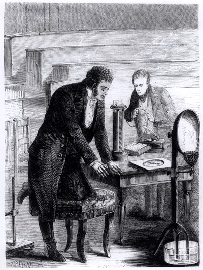 Hans Christian Oersted (1777-1851) felfedezte a mágneses tű zárt áram általi eltérését 1820-ban Louis Figuier (1819-94) Les Merveilles de la Science című művéből, 1867 alkotó: French School