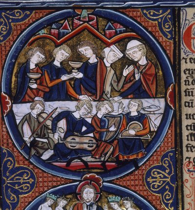 Harley 1527 fol.36v bankett zenészekkel, a „Bible Moralisee”, Párizs, 1240 körül (vellum) alkotó: French School