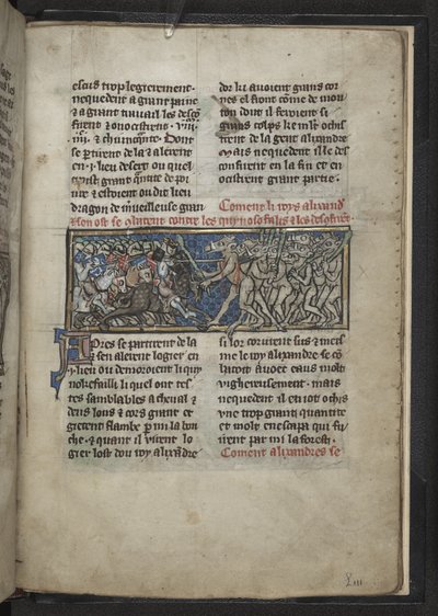 Harley MS 4979 f.72r Alexander, aki lófejű férfiakkal küzd, a 