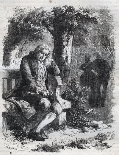 Egy csók suttogását hallotta. Jean Jacques (Jean-Jacques) Rousseau (1712-1778) svájci filozófus teljes házasságtöréssel lepi meg társát, Marie-Therese-t (Marie Therese) Le Vasseur-t (Levasseur) (1721-1801). Metszet 1871-ből a „Histoire Des Cocuses alkotó: French School