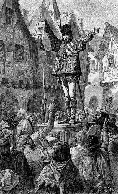 Egy tekercset tartott a kezében. A „Pour la patrie!” című regényt illusztráló metszet. Josephine Colomb "" A „Le Journal de la jeunesse”-ben alkotó: French School