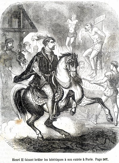 II. Henrik (1519 - 1559), aki az eretnekeket elégette Párizs bejáratánál – L.-P. „Histoire de France” című művében. Anquetil alkotó: French School