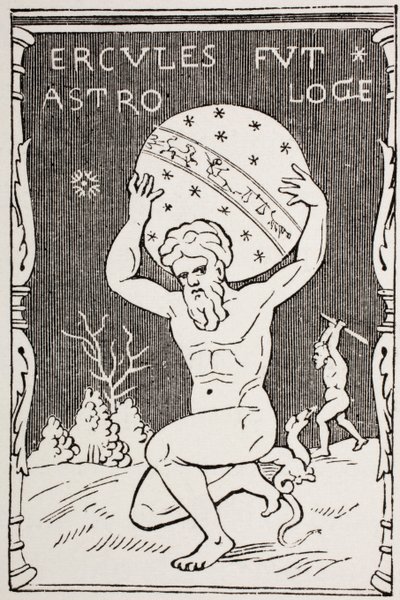 Herkules a hátán tartja a világot, míg az Atlasz a Hesperides almáit gyűjti az 1873-ban megjelent Les Arts au Moyen Age-ből alkotó: French School