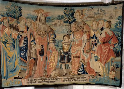A líbiai Herkules feleségével, Galatheával és fiával, Galathesszel, udvaroncok által körülvéve Alexia városa előtt, ie 1713-ban. „A gallok mesés története” kárpit, amelyet az Arras műhely készítette. 1530 Beauvais, a th alkotó: French School
