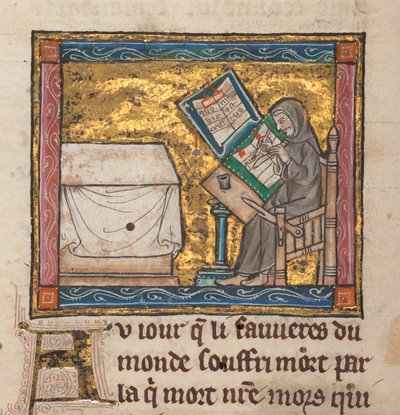 Remete írás íróasztalon, miniatűr az "Estoire del Saint Graal, La Queste del Saint Graal, Morte Artu" c. 1315-25-ből (tinta pergamenre) alkotó: French School