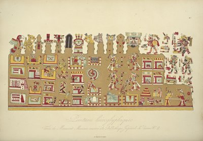 Hieroglif festmények a II. mexikói kéziratból, a Bécsi Császári Könyvtárban őrzik, illusztrációja Alexander von H Kordillerák látképéből és Amerika őslakos népeinek emlékműveiből alkotó: French School