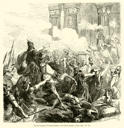 Hircan megrohamozza Sekemet és felégeti a templomot (metszet) alkotó: French School