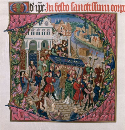 Történeti kezdetű D, amely a 15. századi párizsi Place de Greve-en egy vallási körmenetet ábrázol (Missel de Jouvenel des Ursins fakszimile kiadása) alkotó: French School