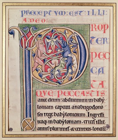 A vaddisznóvadászatot ábrázoló történelmi „P” kezdőbetű Saint-Andre aux-Bois Bibliájából alkotó: French School