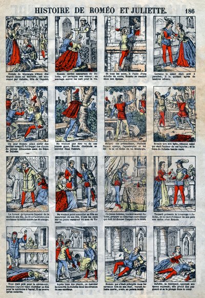 Rómeó és Júlia története William Shakespeare drámája után (1564-1616). Epinális képalkotás a 19. század végéről. alkotó: French School